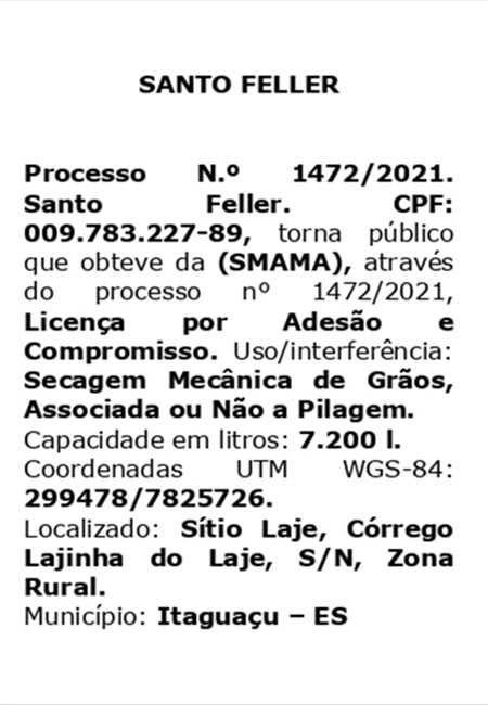 LICENÇA AMBIENTAL OBTIDA - SANTO FELLER